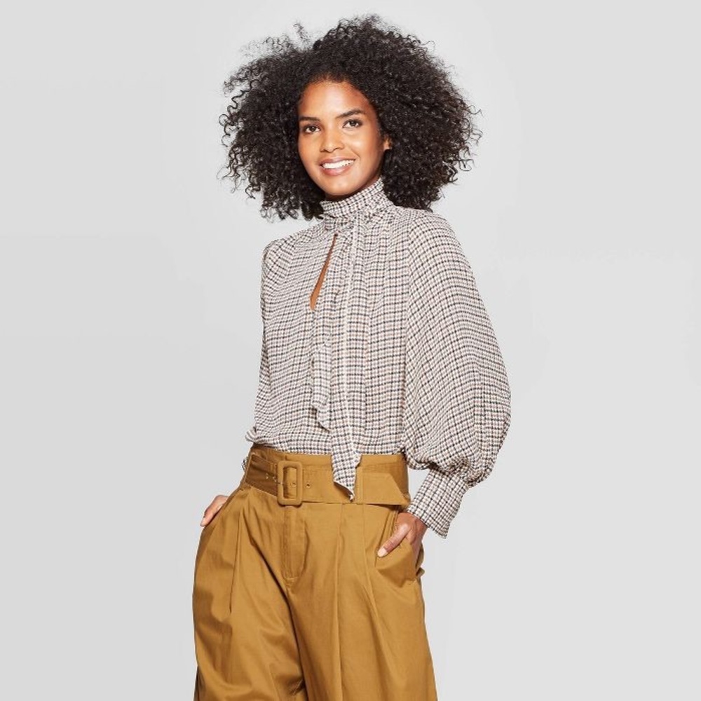 Who What Wear Houndstooth Tie Neck Blouse